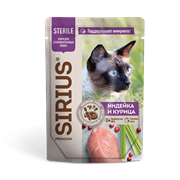 Sirius STERILE ИНДЕЙКА И КУРИЦА Кусочки в соусе, влажный корм для стерилизованных кошек, 85 г