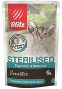 Blitz Sensitive влажный корм для кастрированных или стерилизованных кошек и котов, кролик и клюква, нежные кусочки в соусе, 85 гр