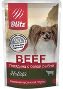 Blitz Holistic влажный корм для взрослых собак мелких пород, говядина с белой рыбой кусочки в соусе, 85 гр